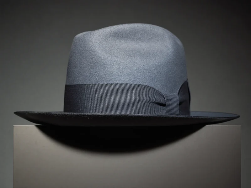 Grauer Filz-Fedora mit dunklem Band auf neutralem Sockel